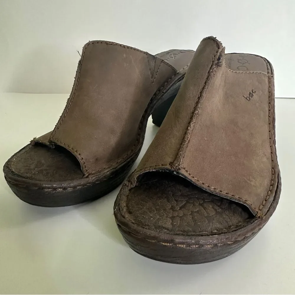 B.O.C. Brown Leather‎ Slip-on Heels Shoes Open Toe